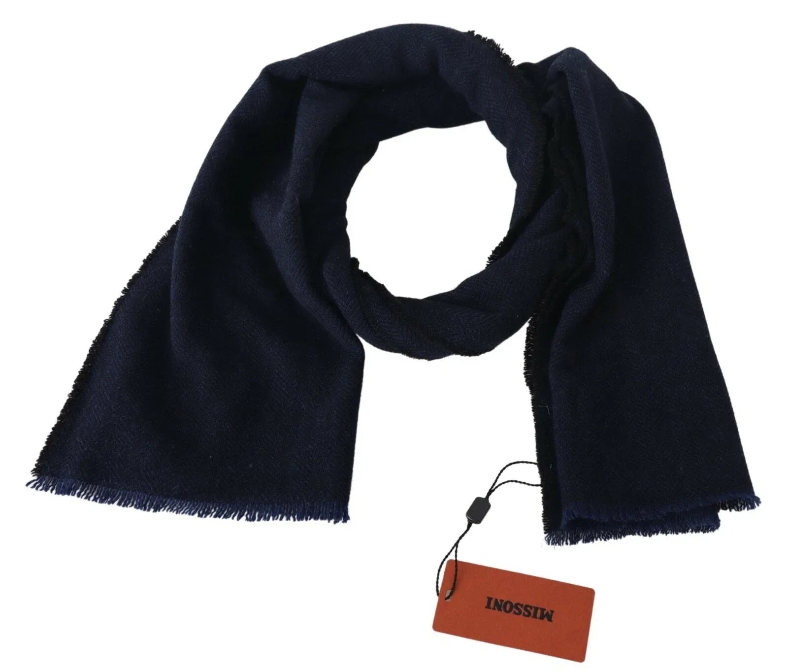 M Missoni Dark Blue Wool Unisex Neck Wrap Fringes Logo Scarf - Zeiniez
