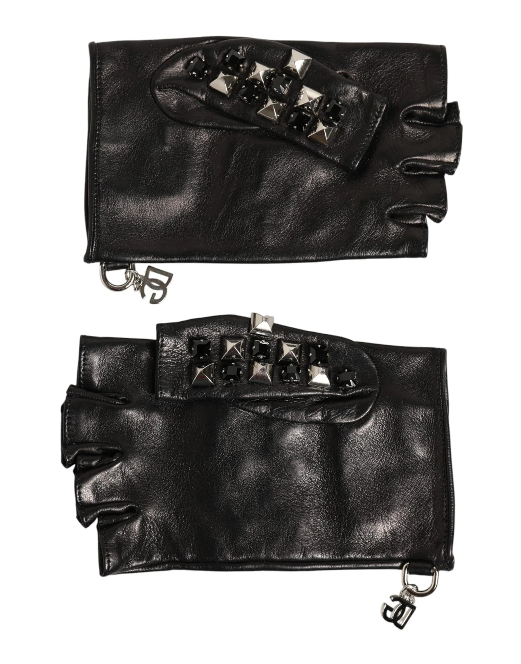 Dolce & Gabbana Black Leather Studded Fingerless Hand Mitten Men Gloves - Zeiniez