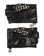 Dolce & Gabbana Black Leather Studded Fingerless Hand Mitten Men Gloves - Zeiniez