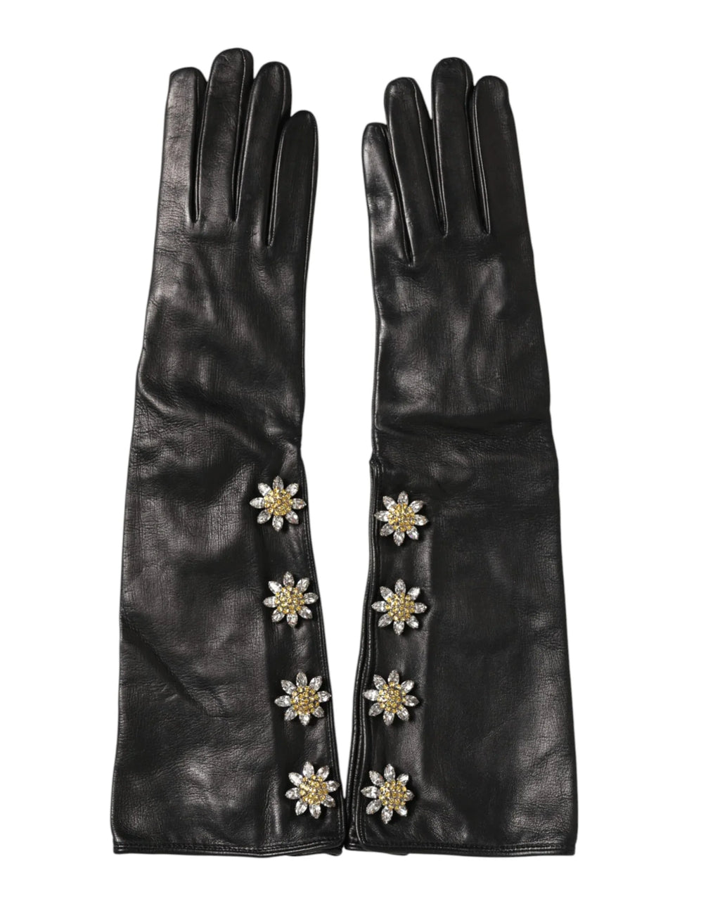 Dolce & Gabbana Black Leather Embellished Long Mitten Gloves - Zeiniez