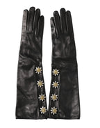 Dolce & Gabbana Black Leather Embellished Long Mitten Gloves - Zeiniez