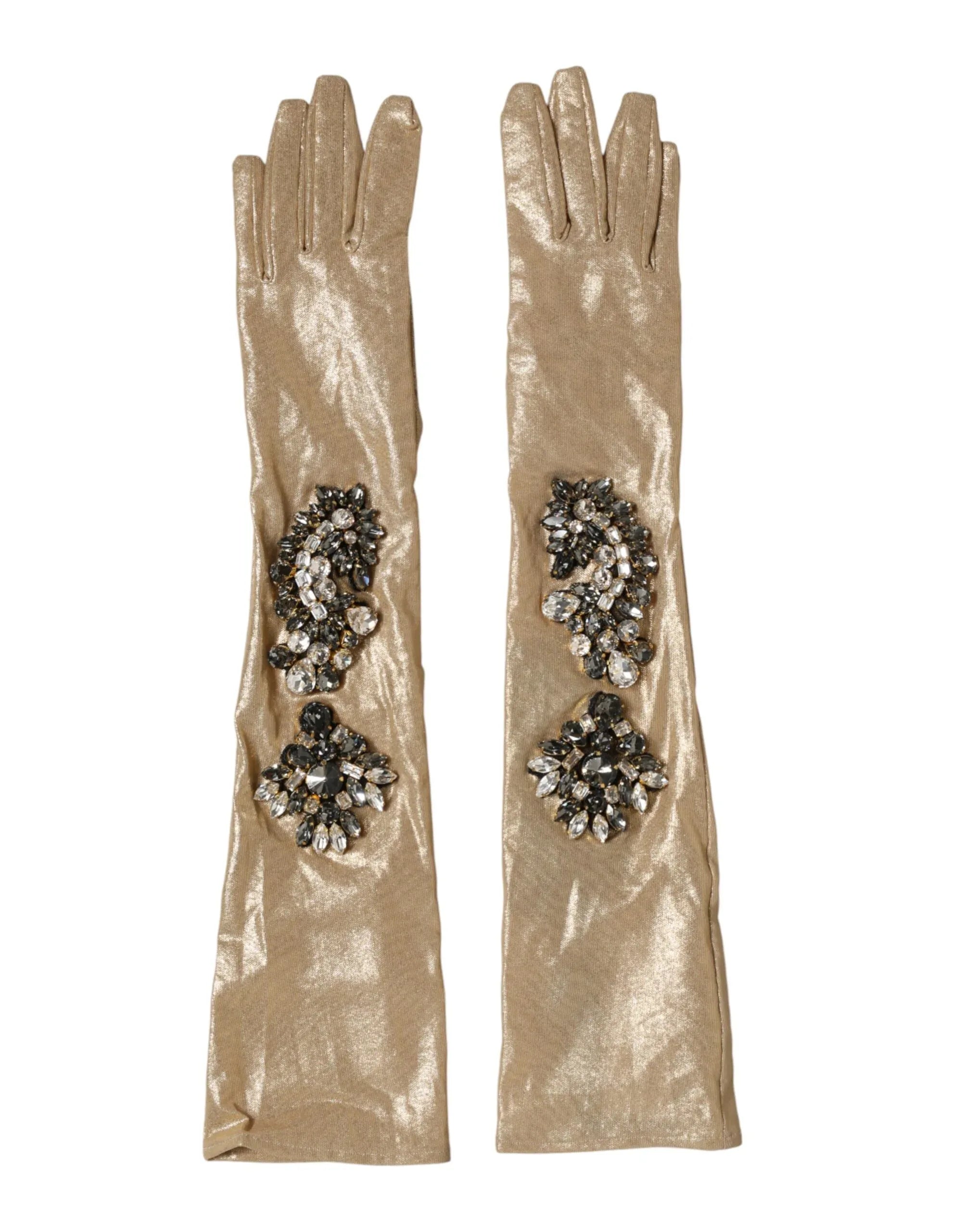 Dolce & Gabbana Beige Satin Crystal Elbow Length Mitten Gloves - Zeiniez