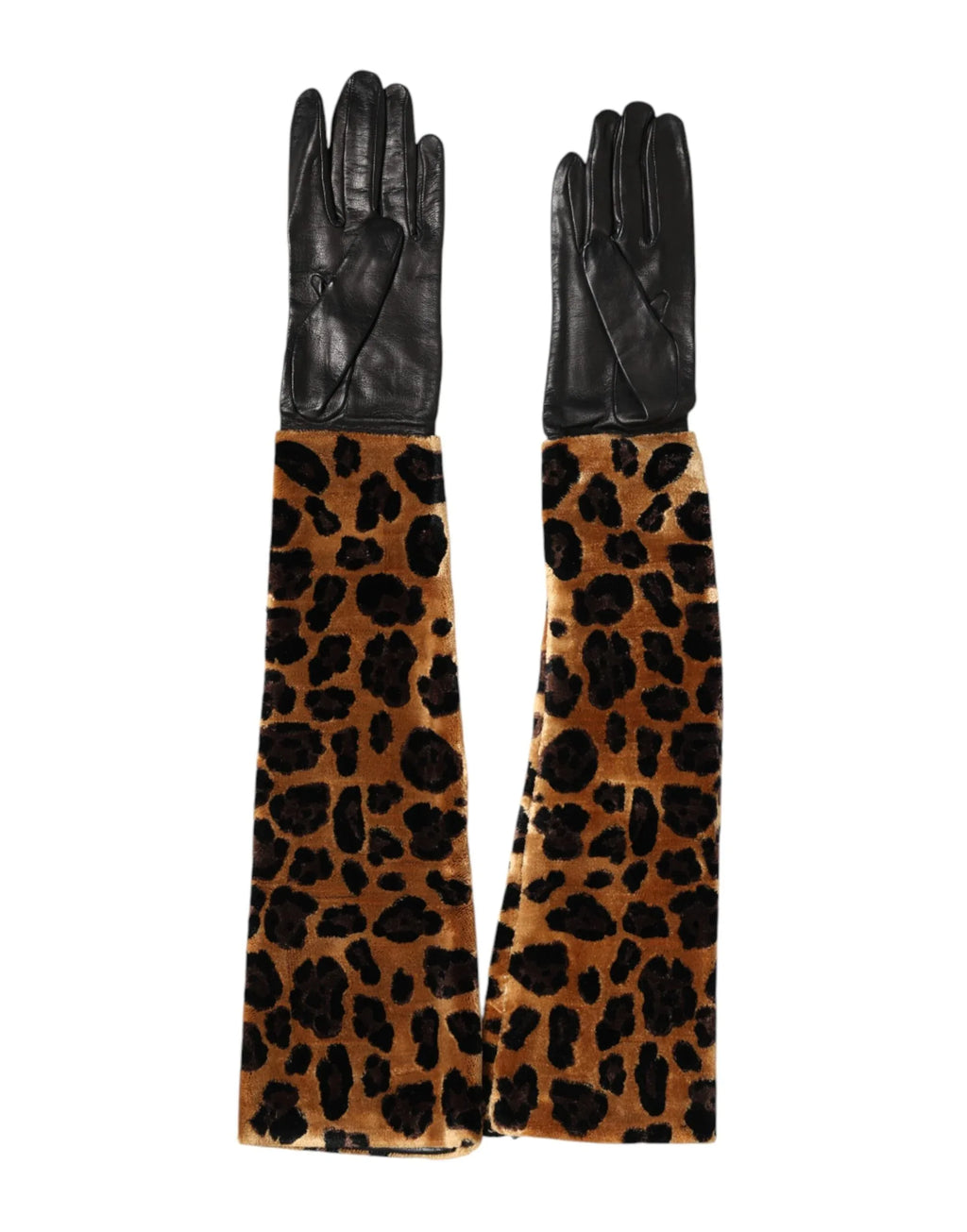 Dolce & Gabbana Brown Black Leopard Leather Elbow Length Mitten Gloves - Zeiniez