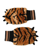 Dolce & Gabbana Brown Tiger Knitted Fur Wrist Mitten One Size Gloves - Zeiniez