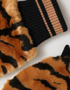 Dolce & Gabbana Brown Tiger Knitted Fur Wrist Mitten One Size Gloves - Zeiniez