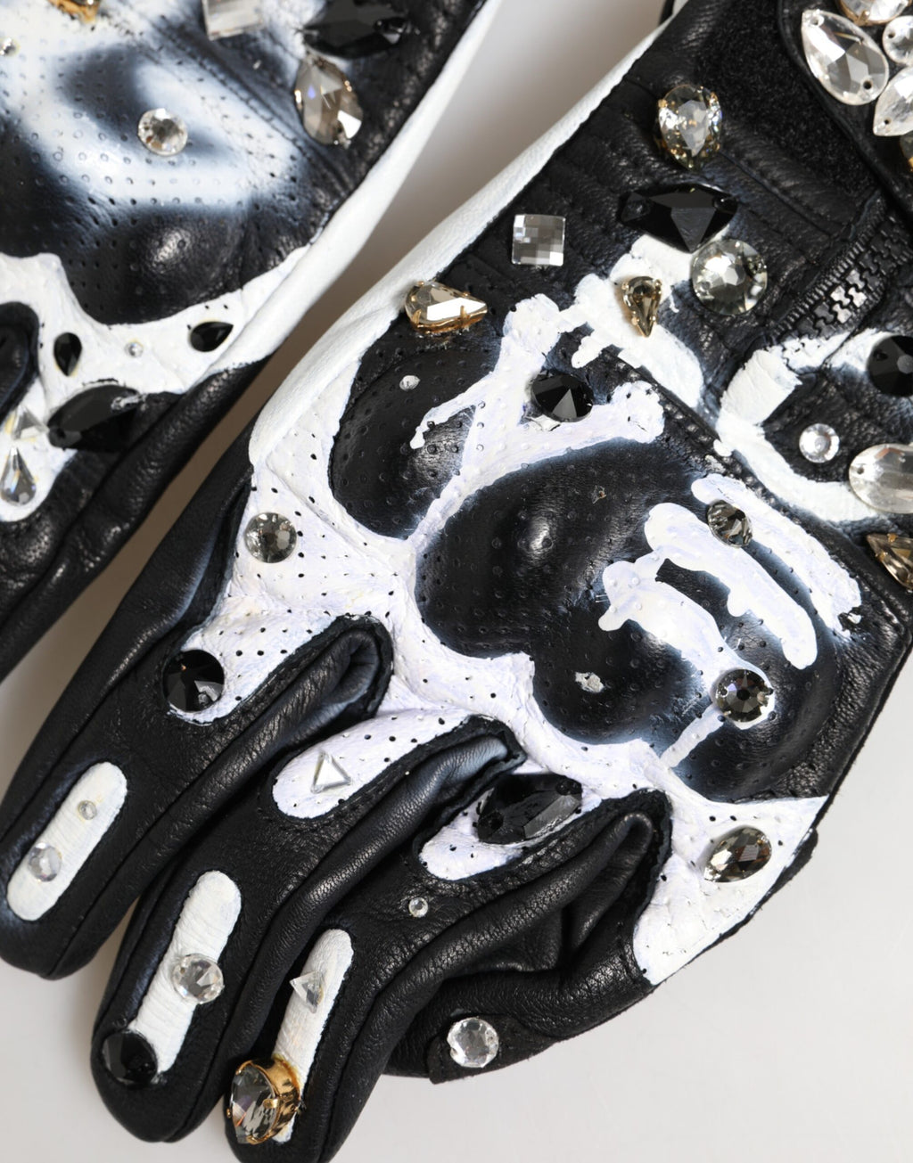 Dolce & Gabbana Gloves Black White Crystal Wrist Length Mitten  Gloves