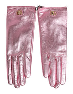 Dolce & Gabbana Pink Leather DG Logo Wrist Length Mitten Gloves - Zeiniez
