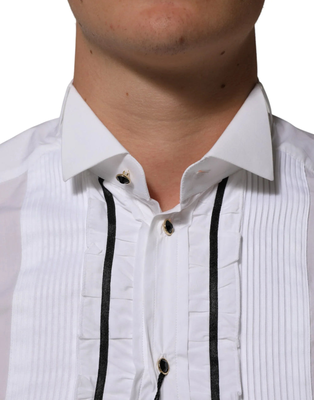 Dolce & Gabbana White Cotton Collared Long Sleeve GOLD Dress Shirt - Zeiniez