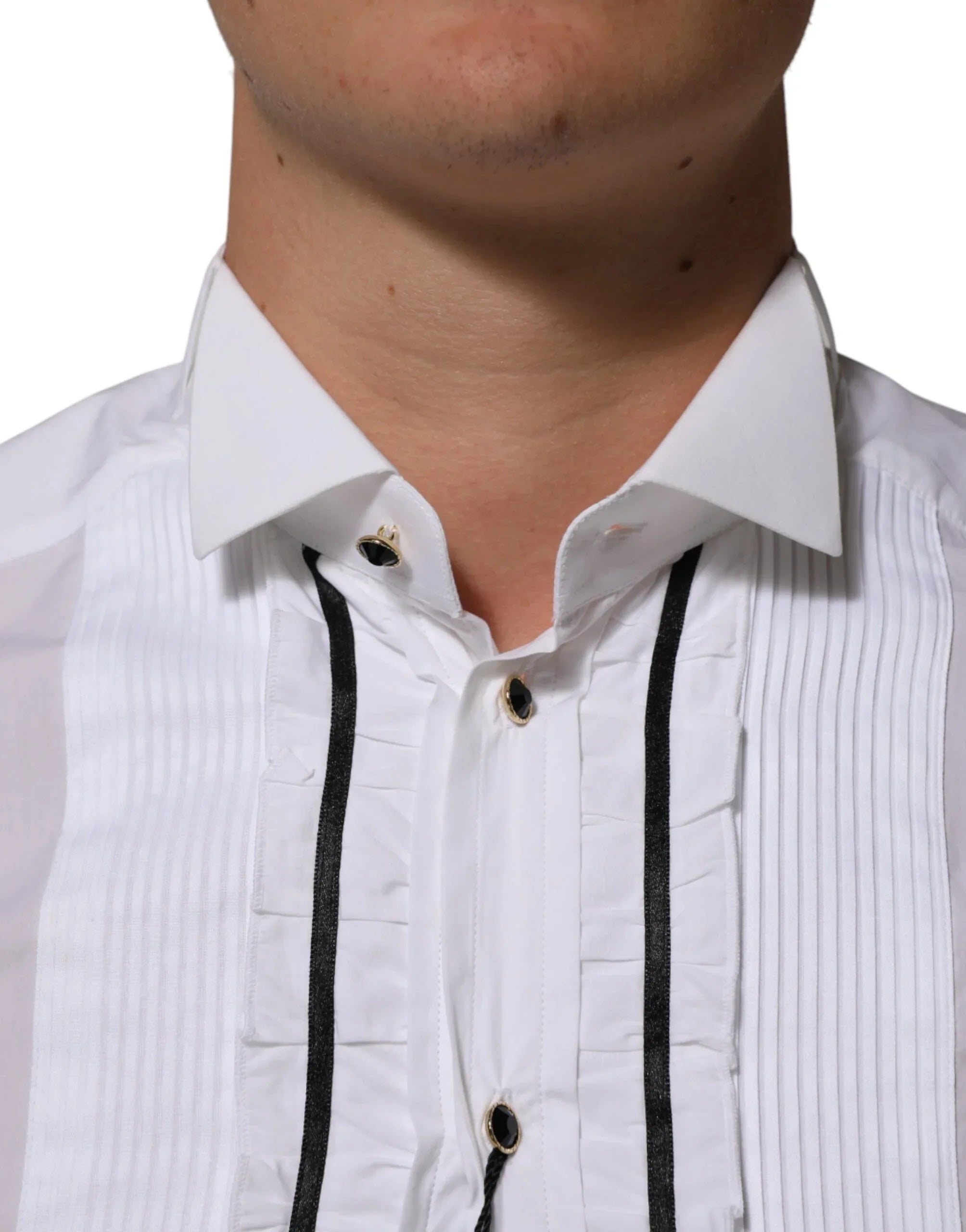 Dolce & Gabbana White Cotton Collared Long Sleeve GOLD Dress Shirt - Zeiniez