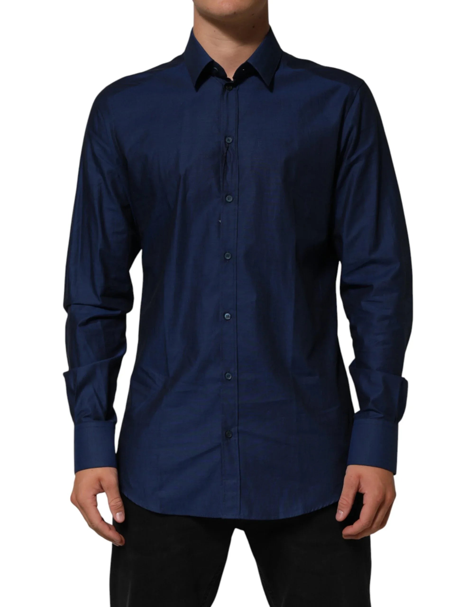 Dolce & Gabbana Blue Cotton Collared Men GOLD Dress Shirt - Zeiniez