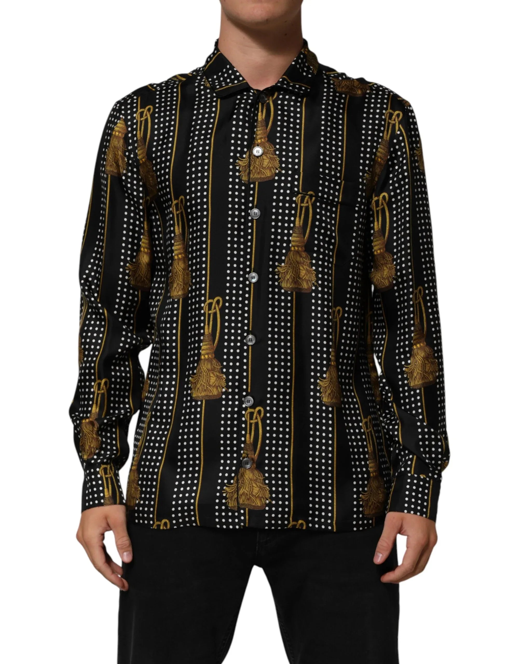 Dolce & Gabbana Black Dotted Tassel Silk Button Down Shirt - Zeiniez