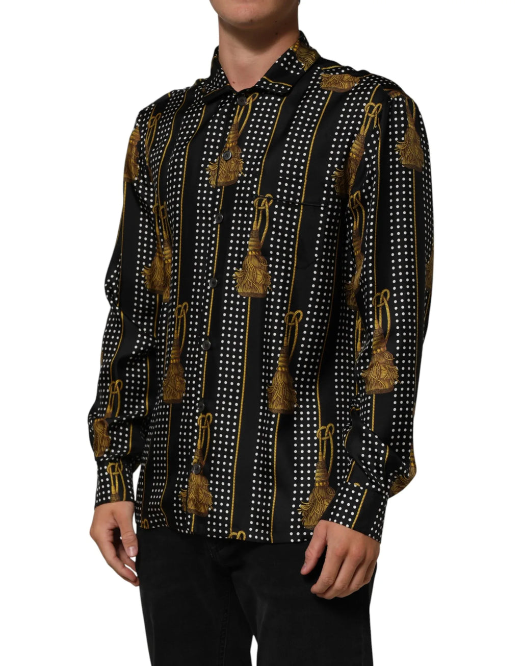 Dolce & Gabbana Black Dotted Tassel Silk Button Down Shirt - Zeiniez