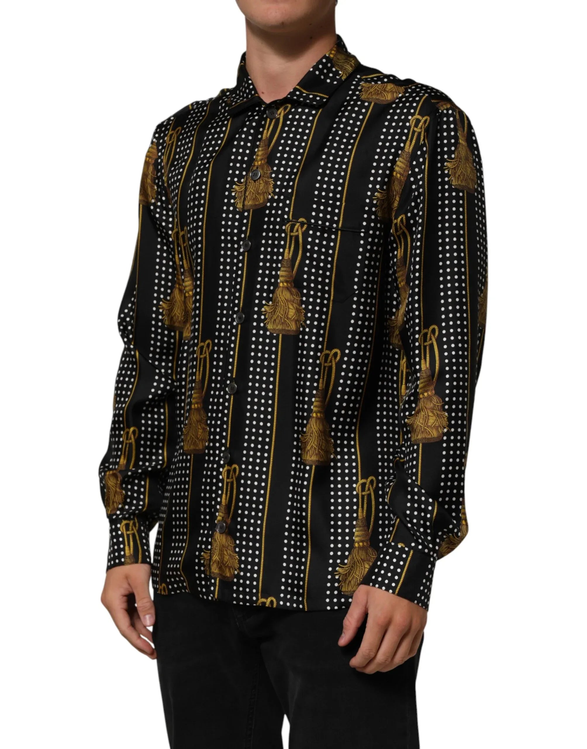 Dolce & Gabbana Black Dotted Tassel Silk Button Down Shirt - Zeiniez