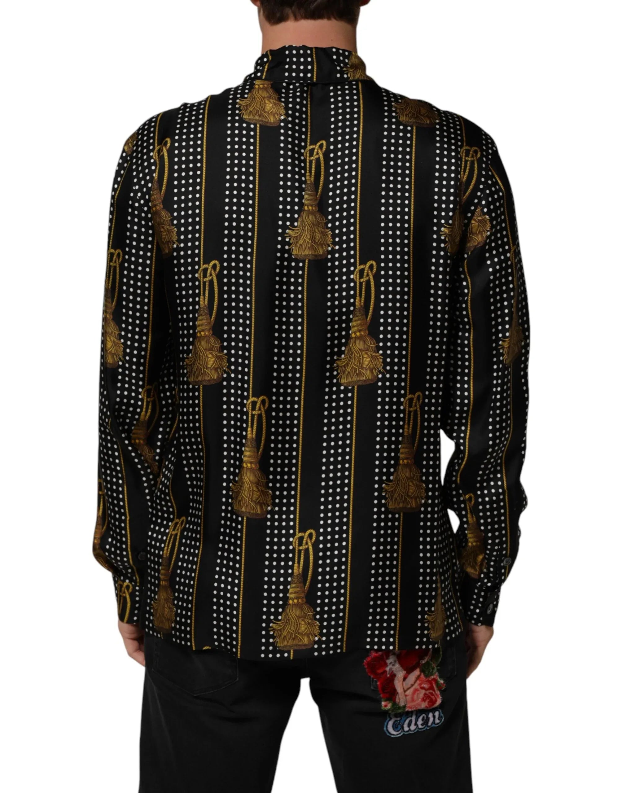 Dolce & Gabbana Black Dotted Tassel Silk Button Down Shirt - Zeiniez