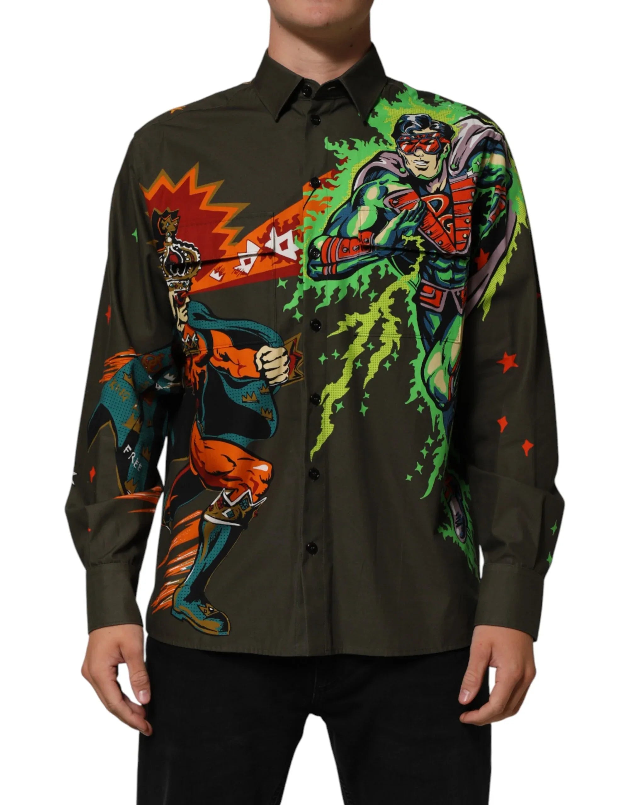 Dolce & Gabbana Green Superhero Print Button Down Shirt - Zeiniez