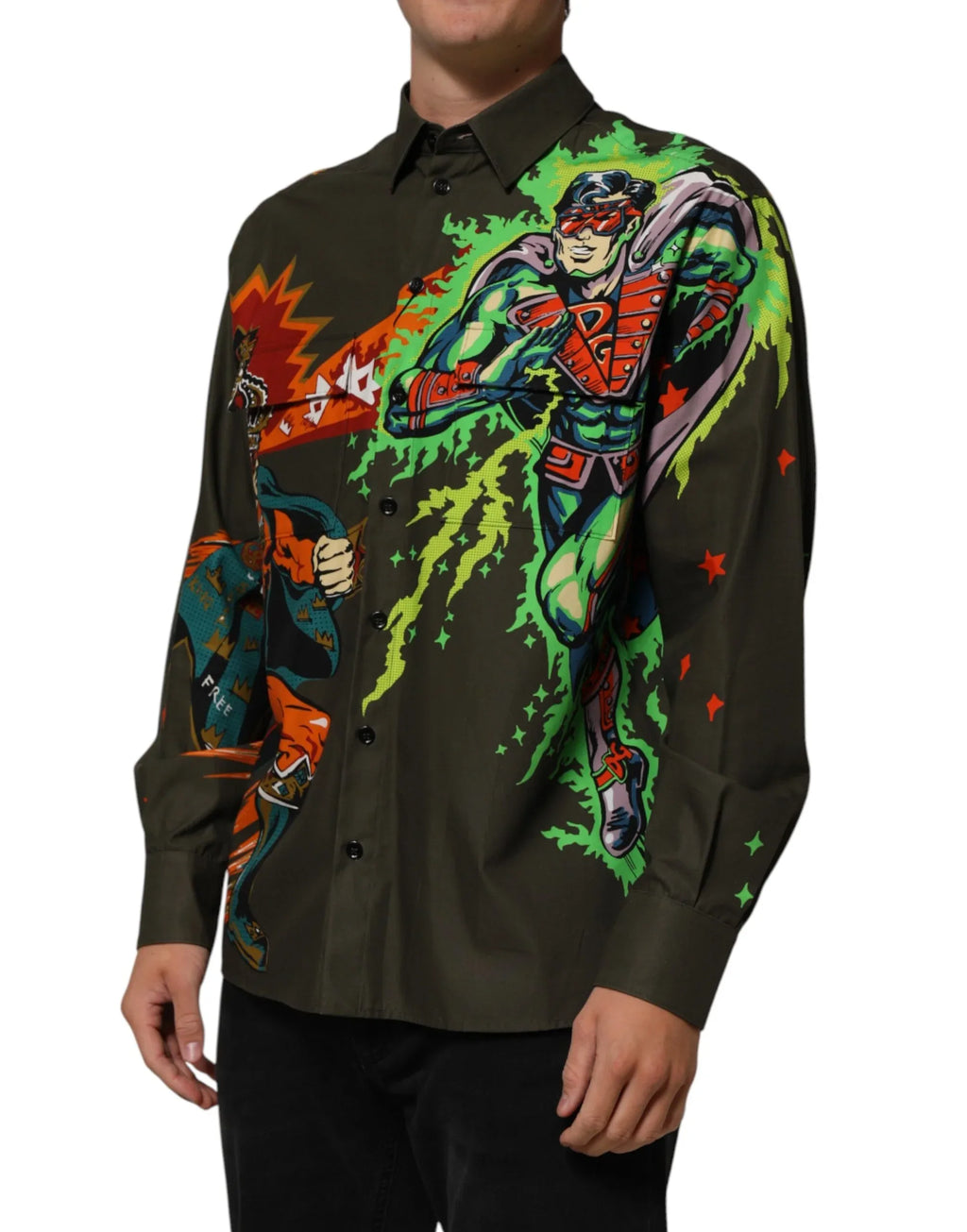Dolce & Gabbana Green Superhero Print Button Down Shirt - Zeiniez