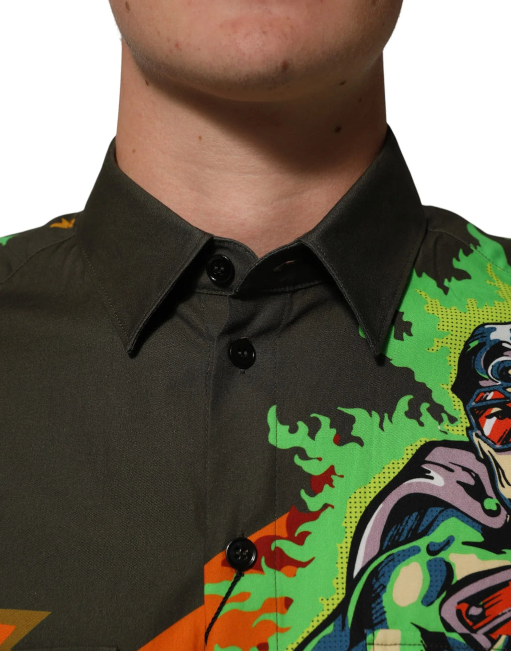 Dolce & Gabbana Green Superhero Print Button Down Shirt - Zeiniez