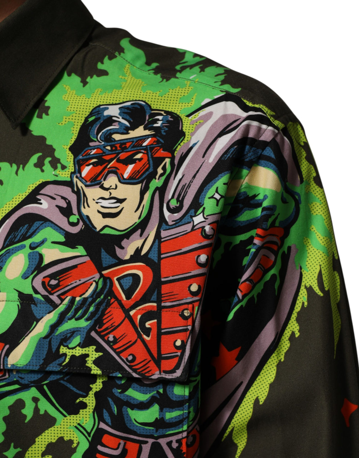 Dolce & Gabbana Green Superhero Print Button Down Shirt
