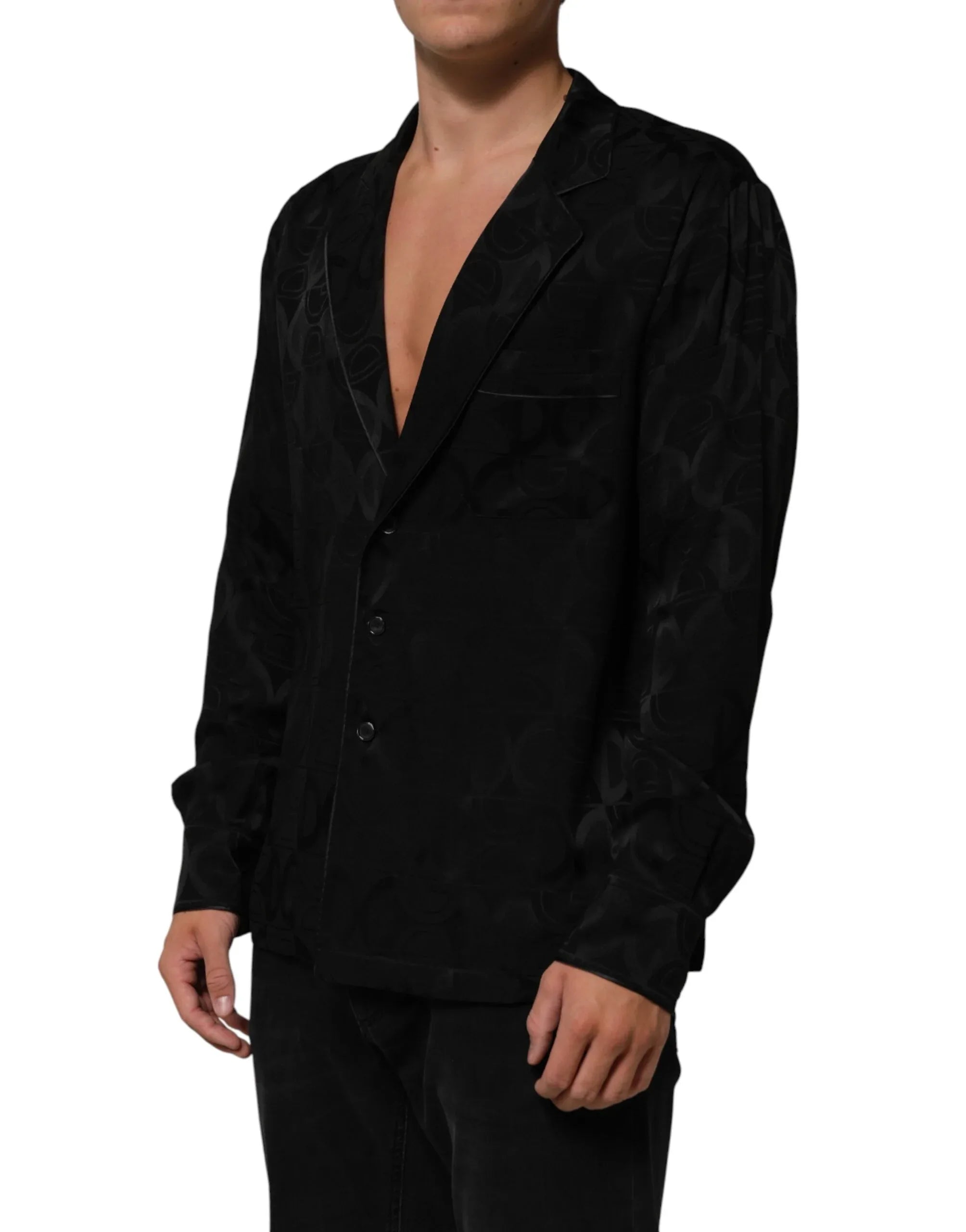 Dolce & Gabbana Black DG Logo Silk Men Long Sleeves Shirt - Zeiniez