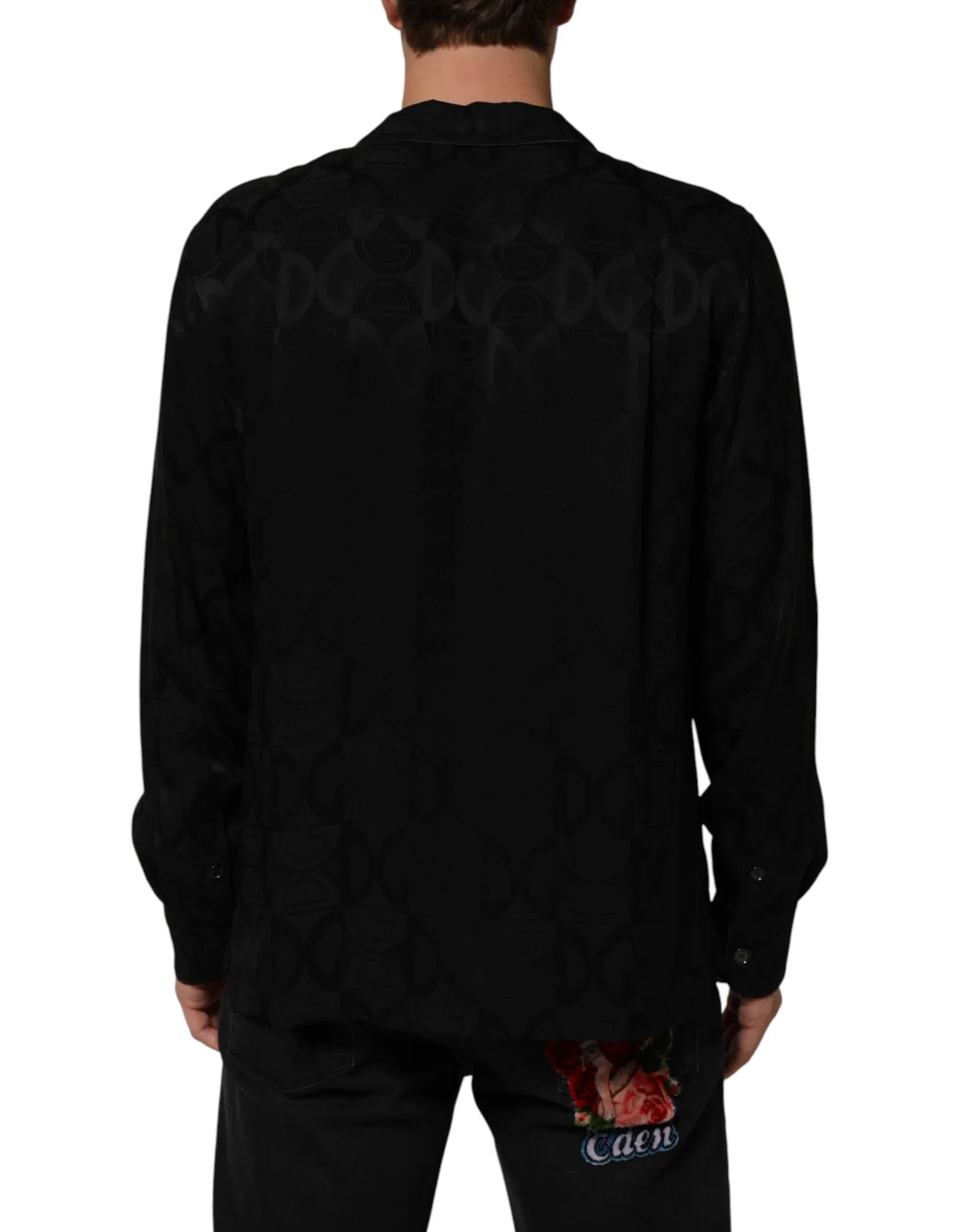 Dolce & Gabbana Black DG Logo Silk Men Long Sleeves Shirt - Zeiniez