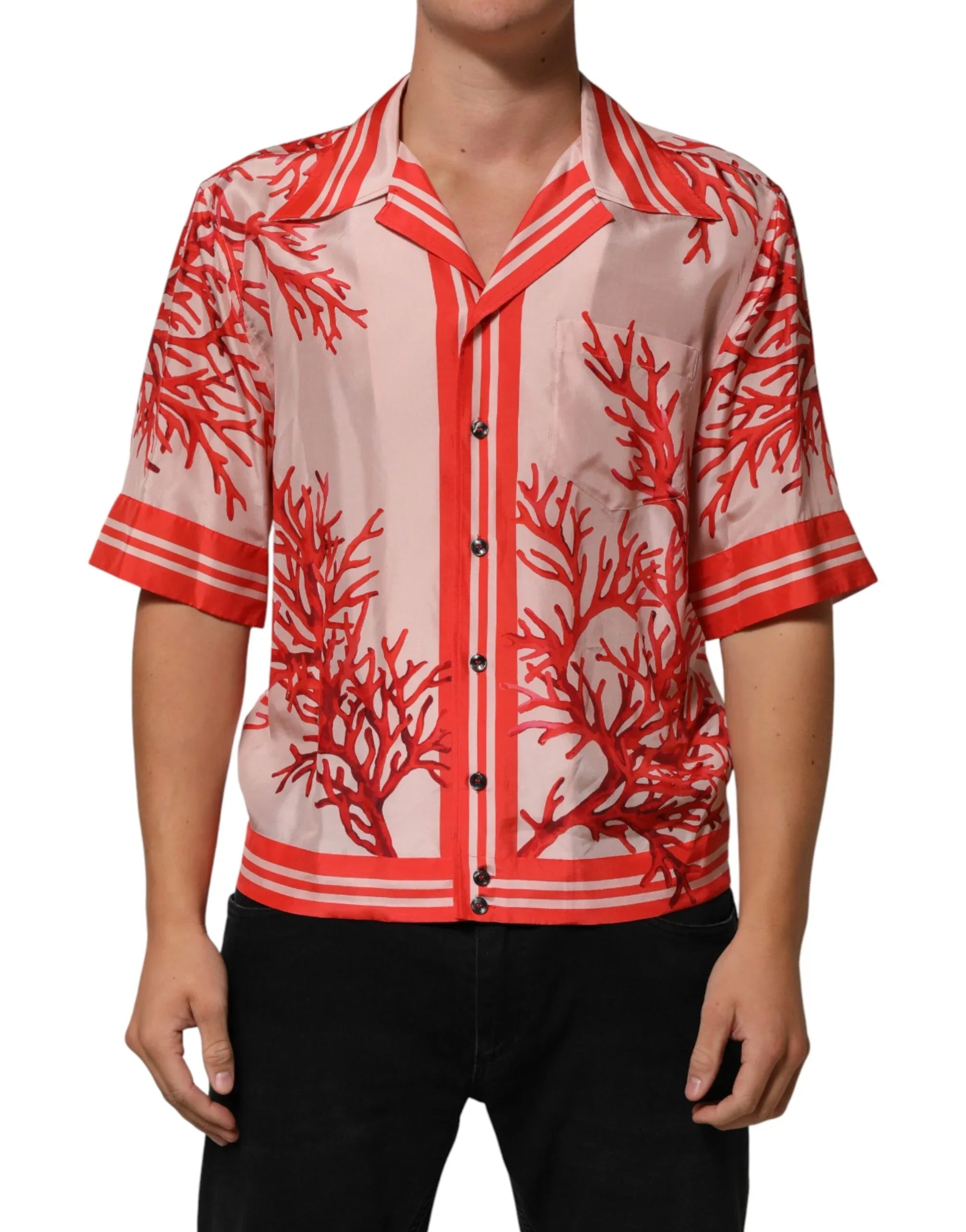 Dolce & Gabbana Shirt Red Corals Short Sleeves Button Down - Zeiniez