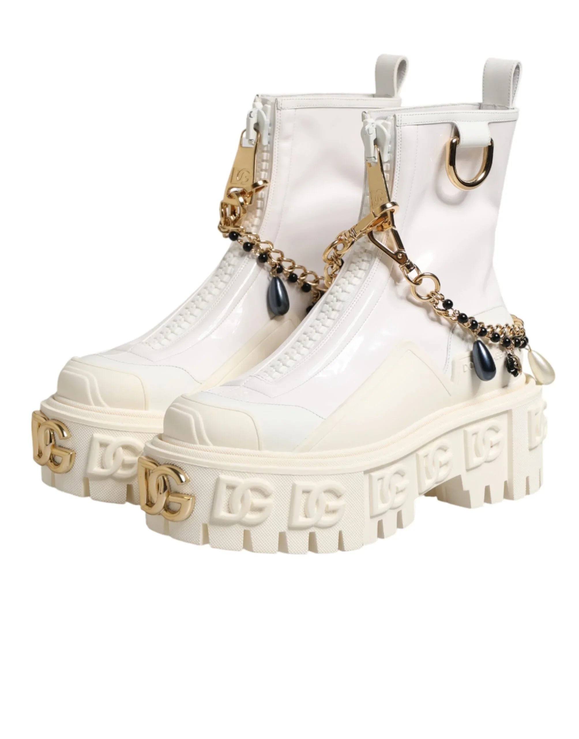 Dolce & Gabbana White Leather Rubber Logo Ankle Boots Shoes - Zeiniez