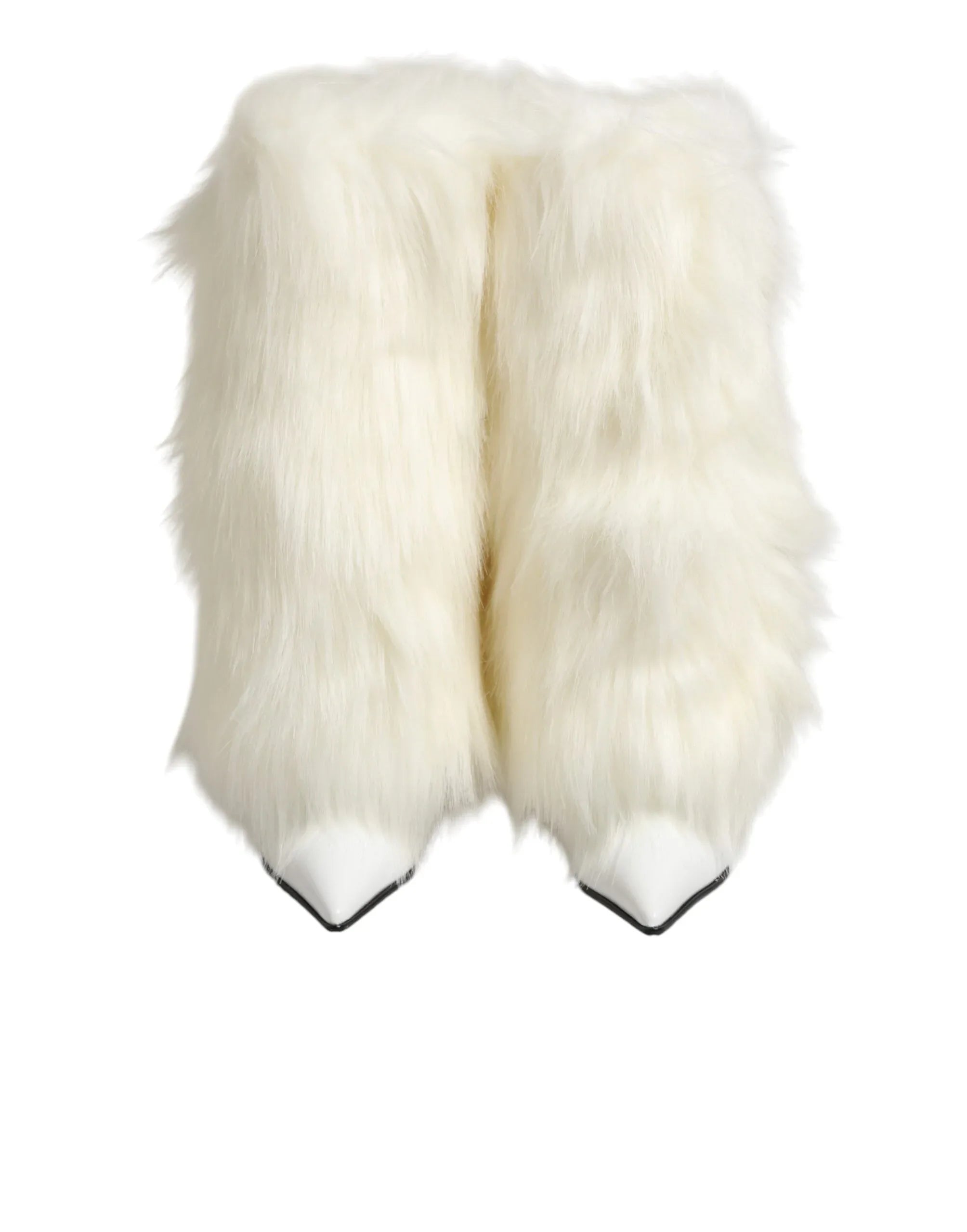 Dolce & Gabbana White Fur Pointed Knee High Stiletto Boots Shoes - Zeiniez
