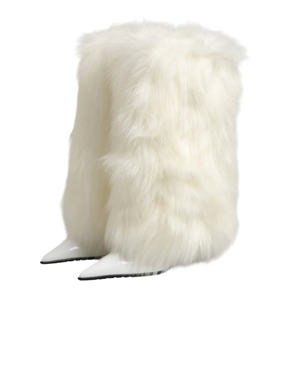 Dolce & Gabbana White Fur Pointed Knee High Stiletto Boots Shoes - Zeiniez