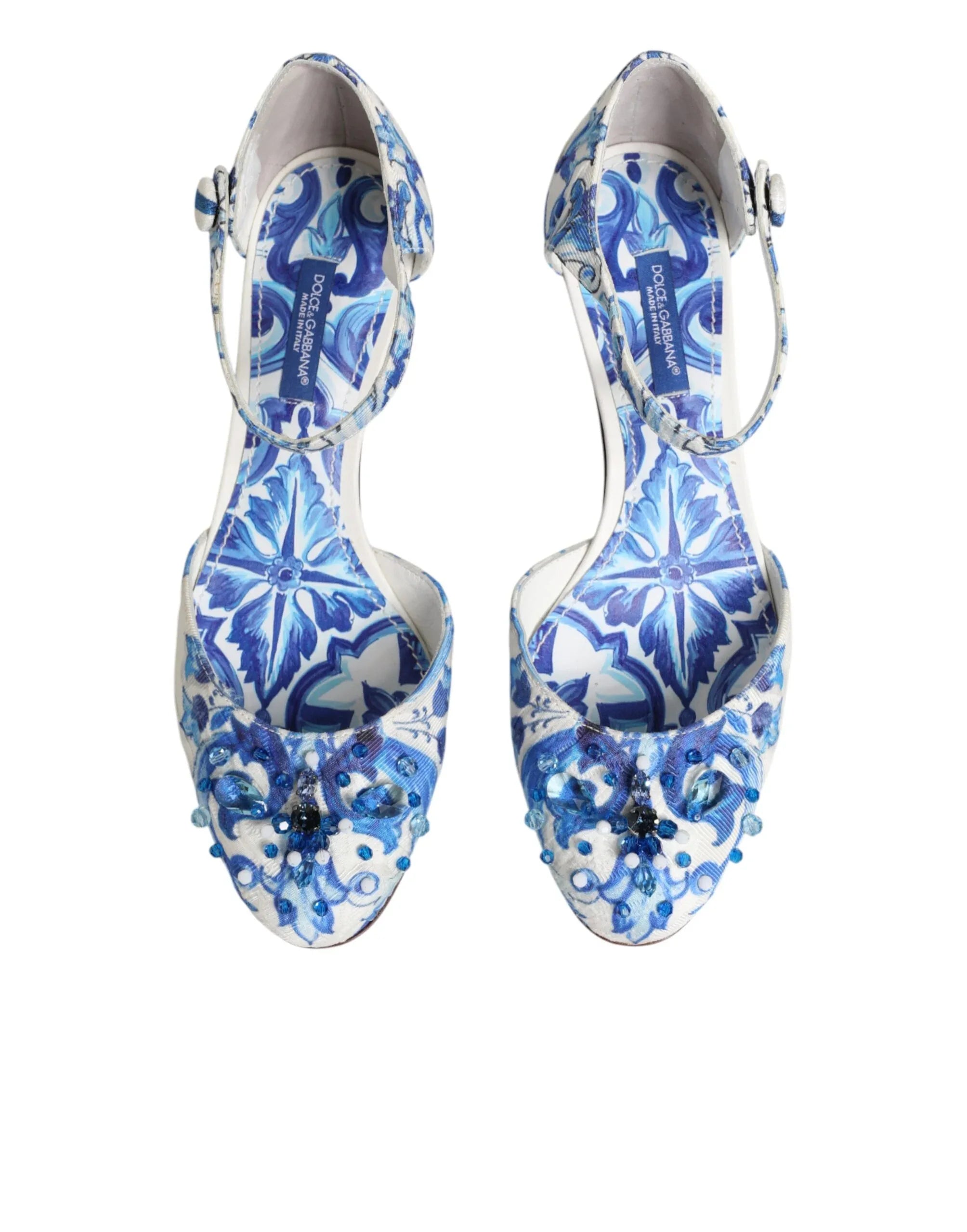 Dolce & Gabbana White Blue Floral Crystal Ankle Straps Shoes - Zeiniez