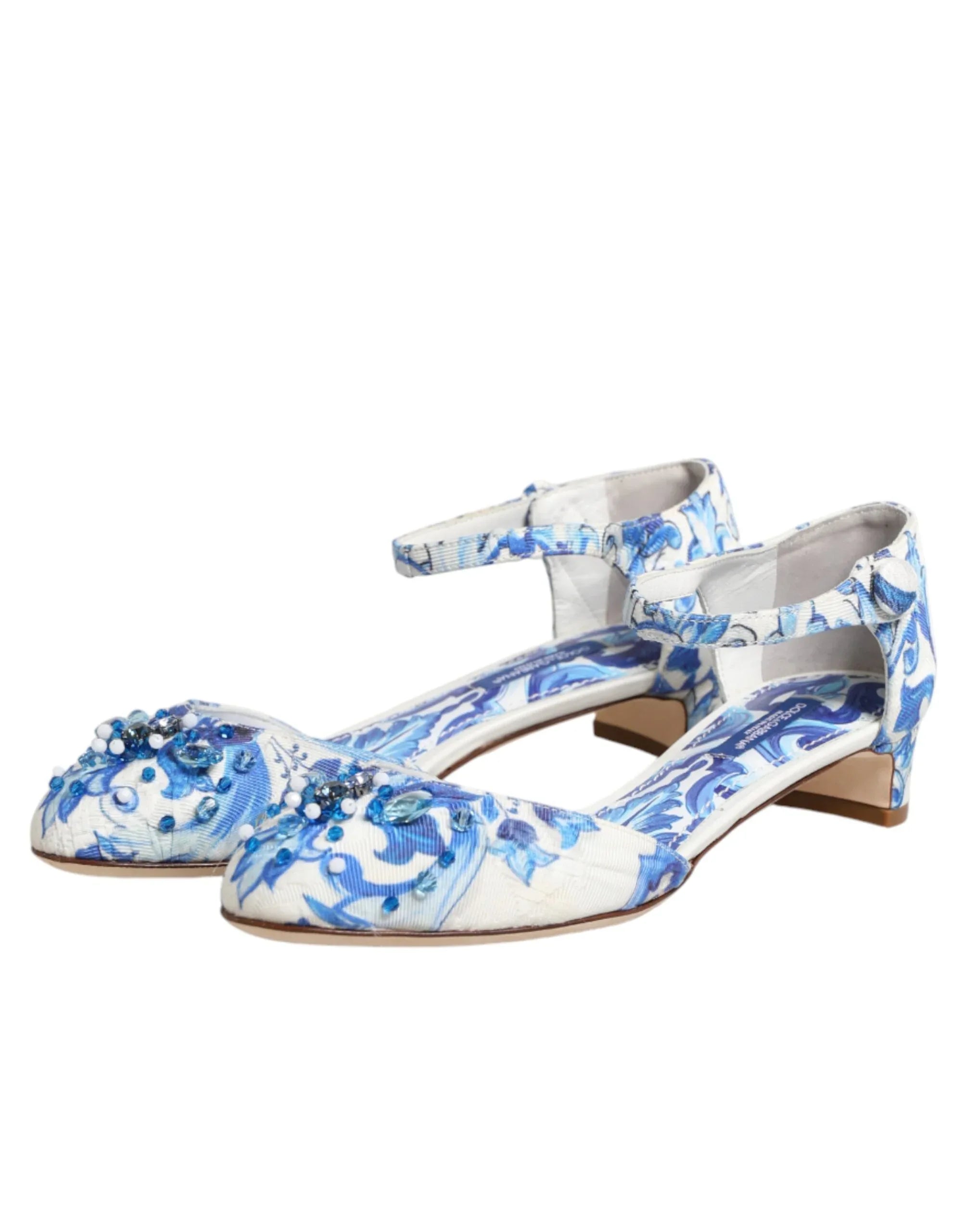 Dolce & Gabbana White Blue Floral Crystal Ankle Straps Shoes - Zeiniez