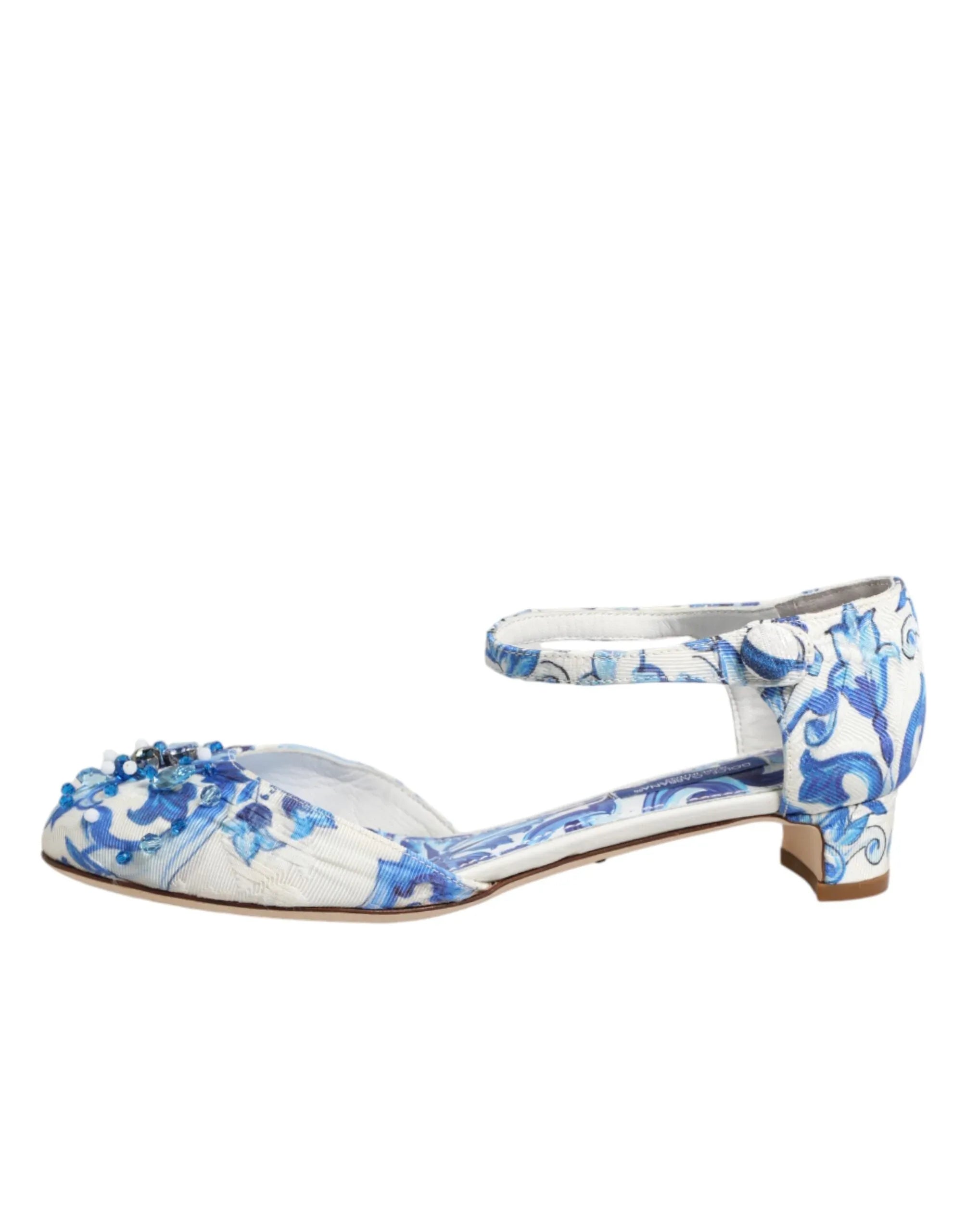 Dolce & Gabbana White Blue Floral Crystal Ankle Straps Shoes - Zeiniez