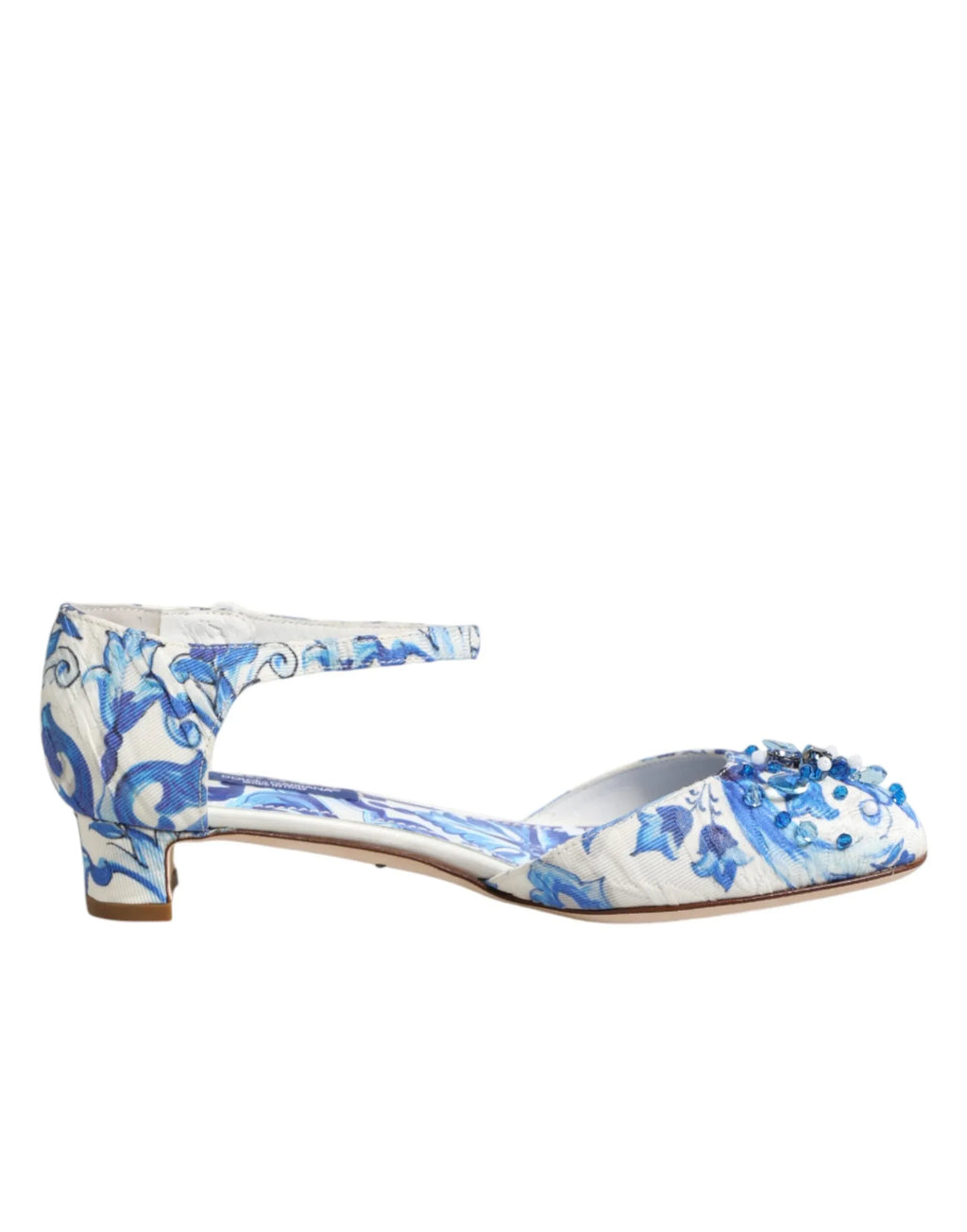 Dolce & Gabbana White Blue Floral Crystal Ankle Straps Shoes - Zeiniez