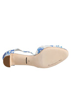 Dolce & Gabbana White Blue Floral Crystal Ankle Straps Shoes - Zeiniez