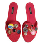 Dolce & Gabbana Red Embellished Flats Slip On Sandals Shoes - Zeiniez