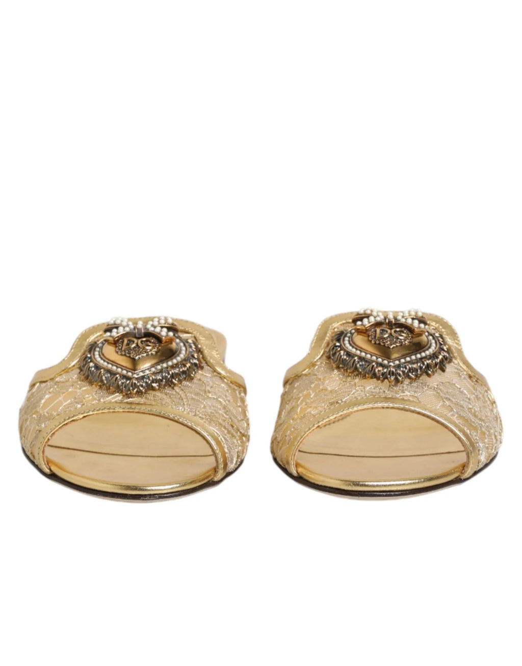 Dolce & Gabbana Gold Devotion Lace Flats Slip On Sandals Shoes - Zeiniez