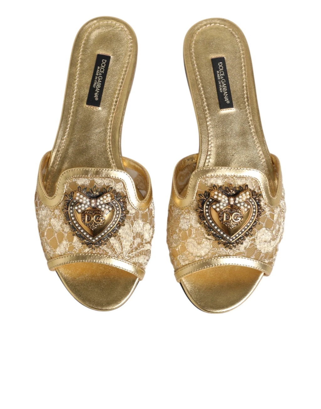 Dolce & Gabbana Gold Devotion Lace Flats Slip On Sandals Shoes - Zeiniez