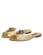 Dolce & Gabbana Gold Devotion Lace Flats Slip On Sandals Shoes - Zeiniez