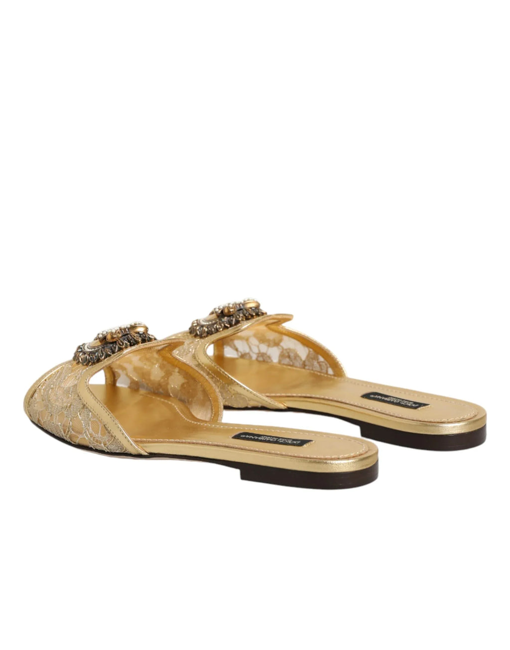 Dolce & Gabbana Gold Devotion Lace Flats Slip On Sandals Shoes - Zeiniez