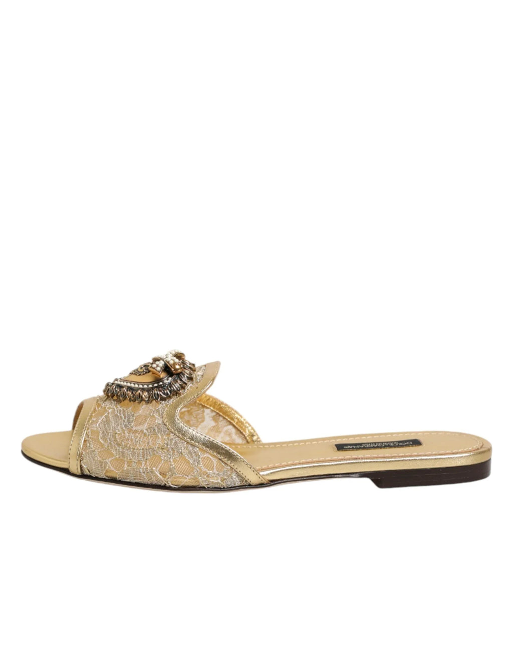 Dolce & Gabbana Gold Devotion Lace Flats Slip On Sandals Shoes - Zeiniez