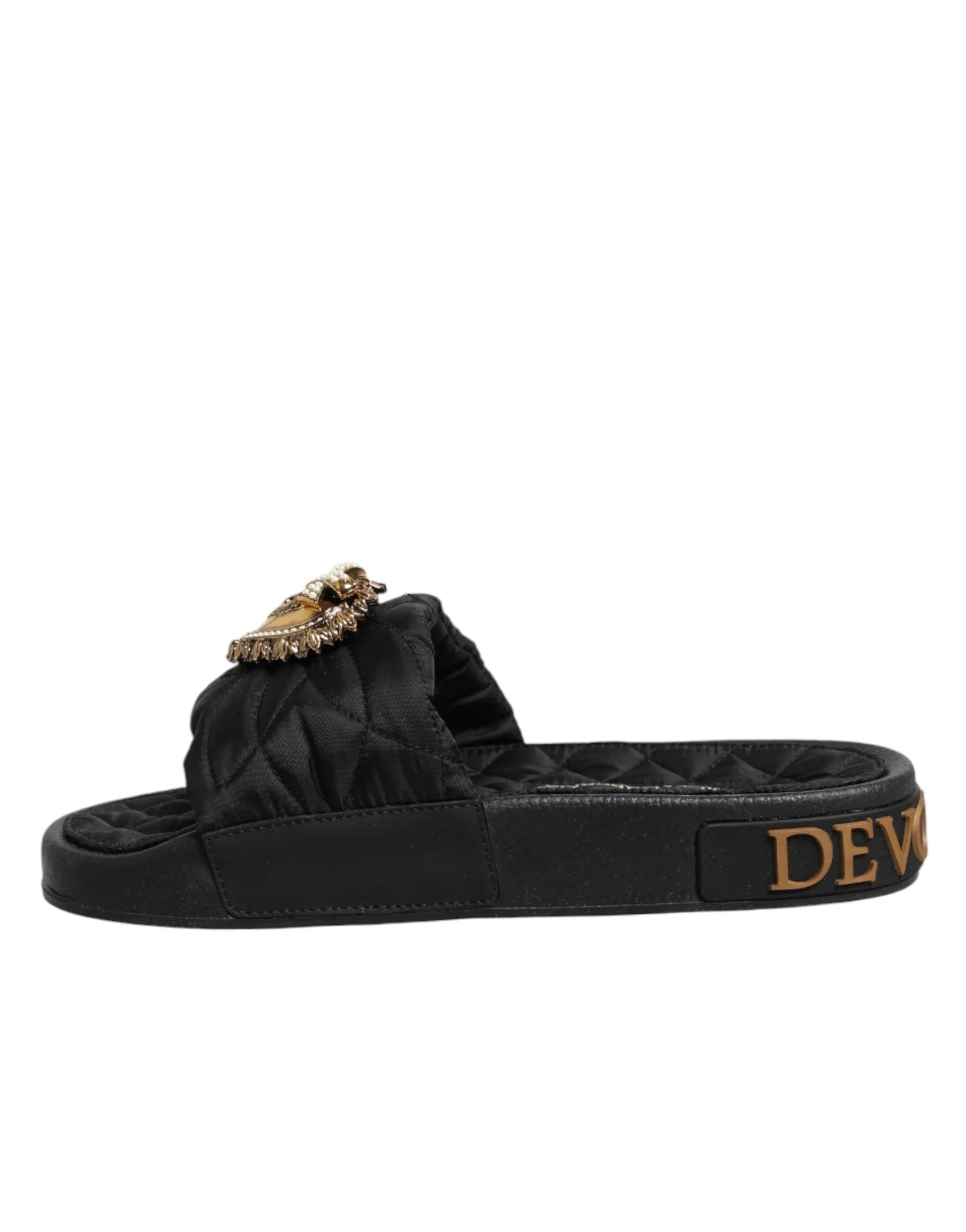 Dolce & Gabbana Black Devotion Matelassé Leather Slides Shoes - Zeiniez