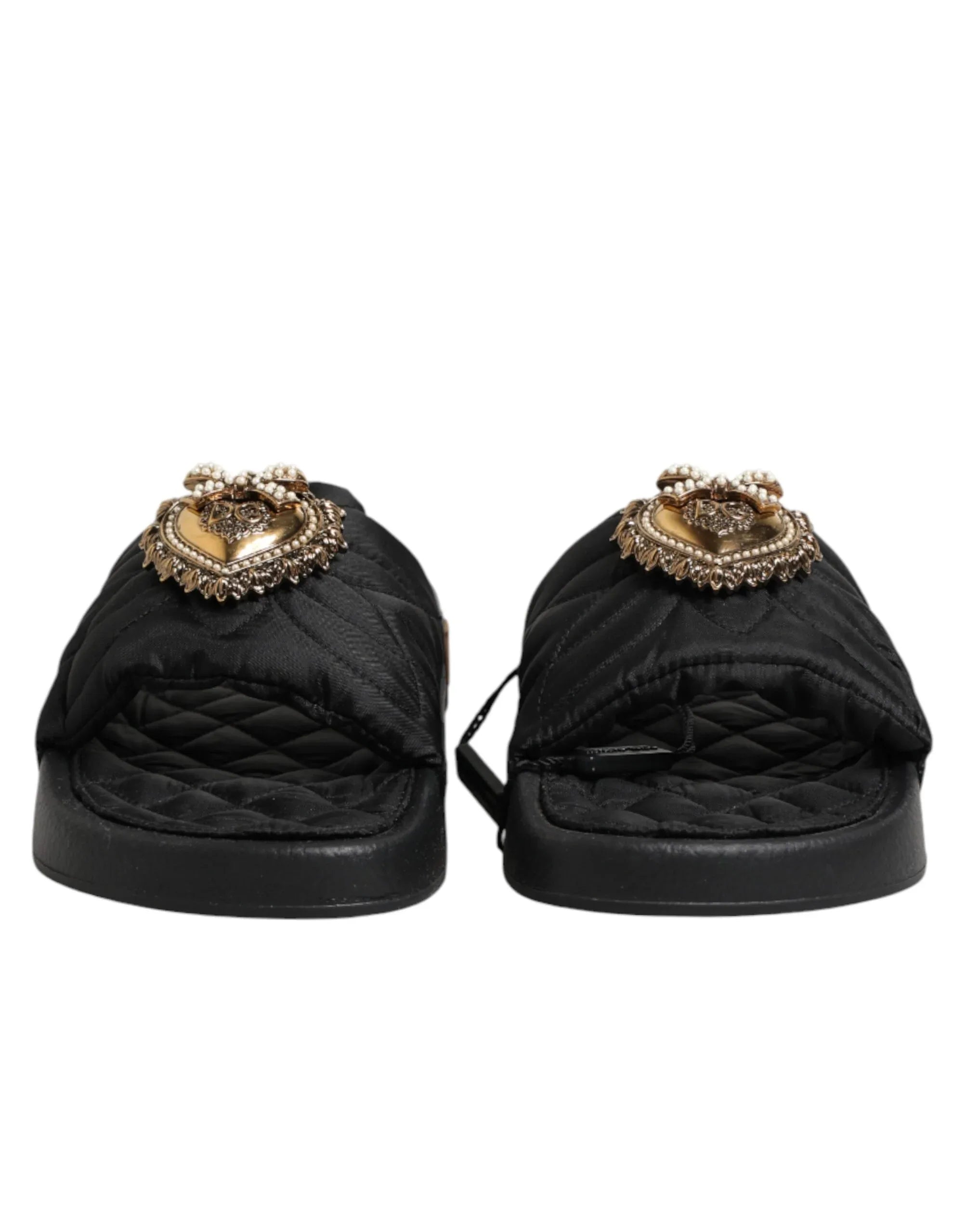 Dolce & Gabbana Black Devotion Matelassé Leather Slides Shoes - Zeiniez