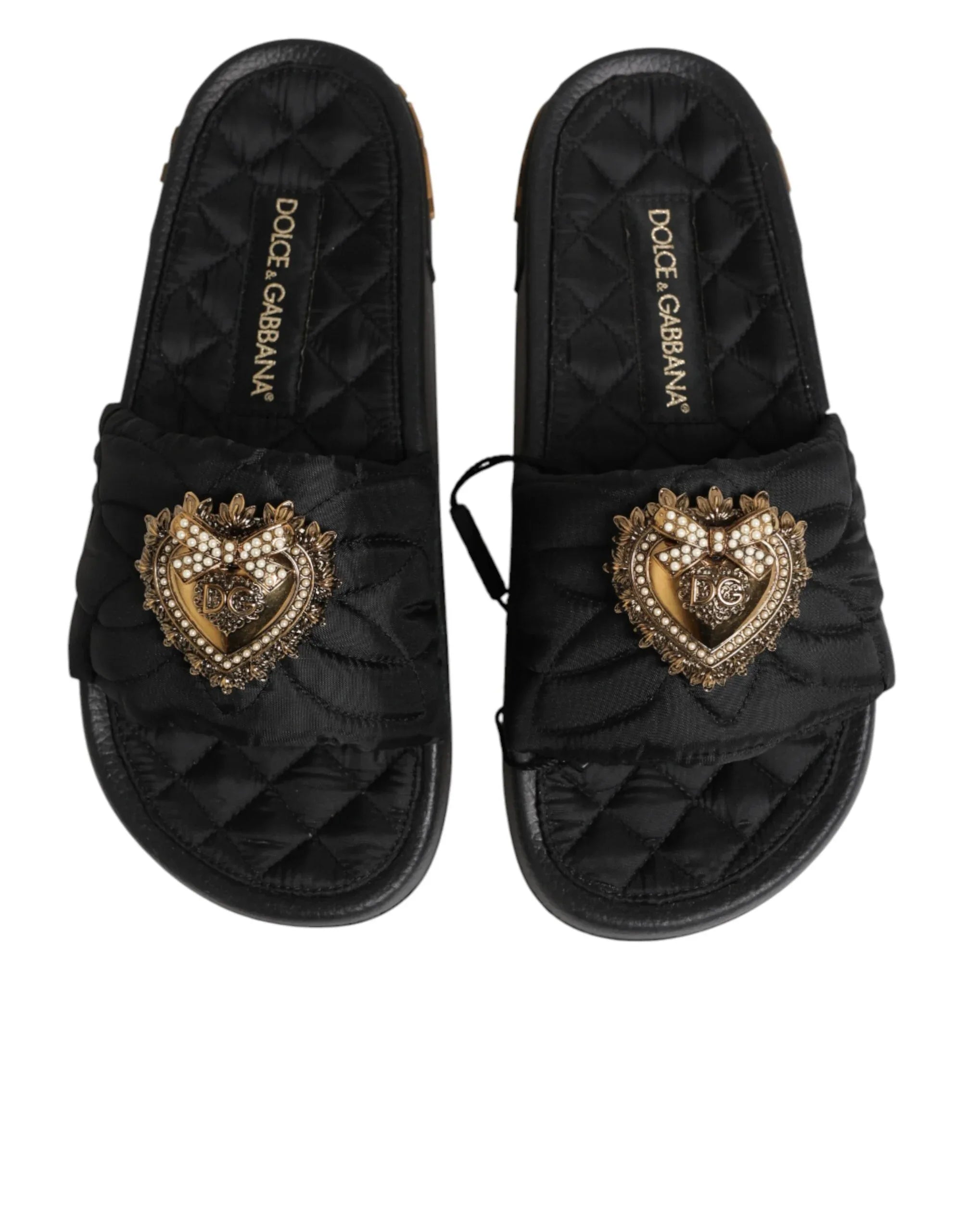 Dolce & Gabbana Black Devotion Matelassé Leather Slides Shoes - Zeiniez