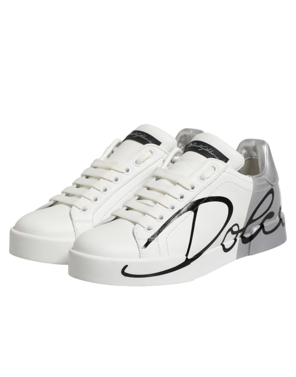 Dolce & Gabbana White Gray Low Top Leather Sneaker Shoes - Zeiniez