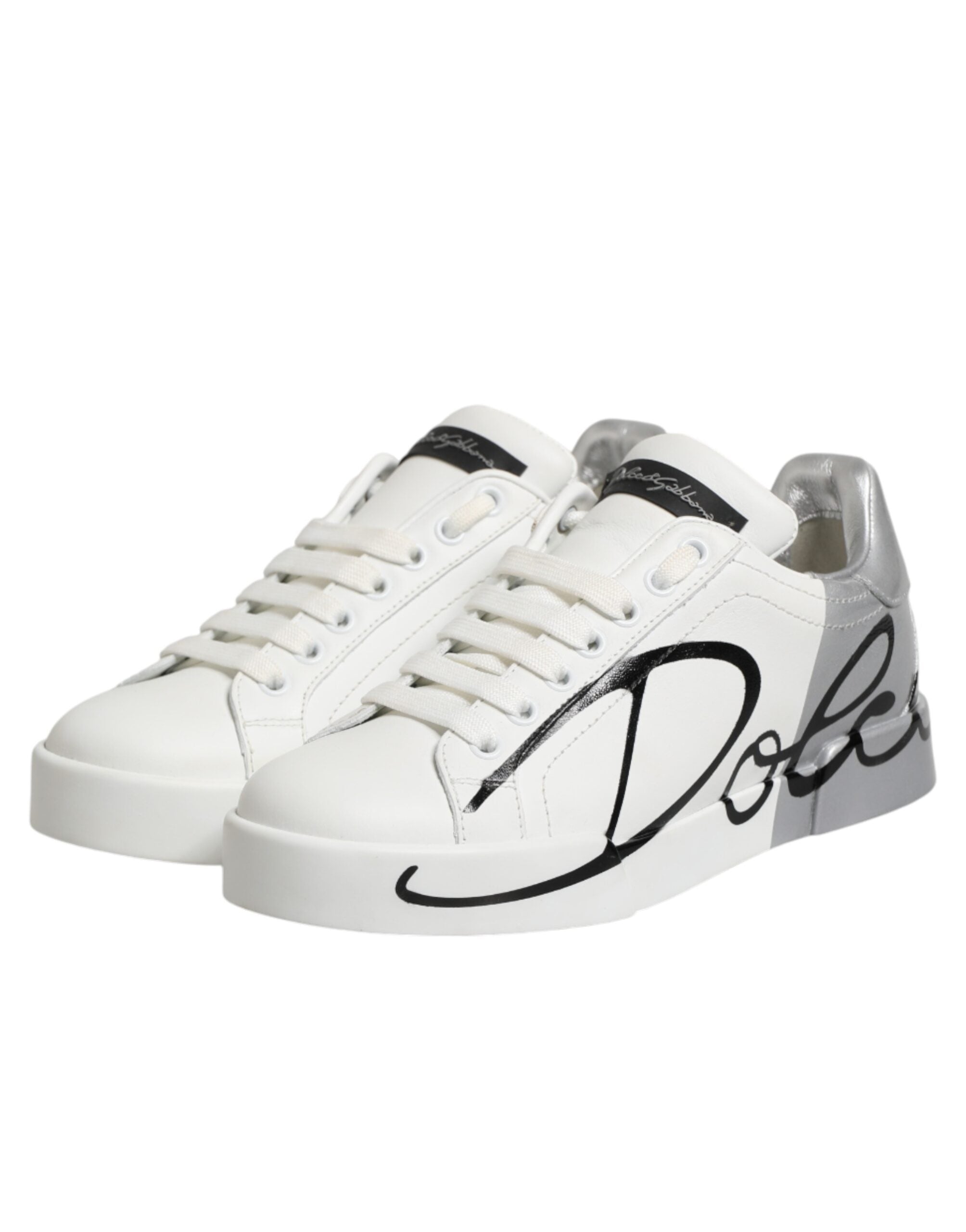 Dolce & Gabbana White Gray Low Top Leather Sneaker Shoes - Zeiniez