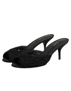 Dolce & Gabbana Black Embroidered Slip On Heels Slides Shoes - Zeiniez