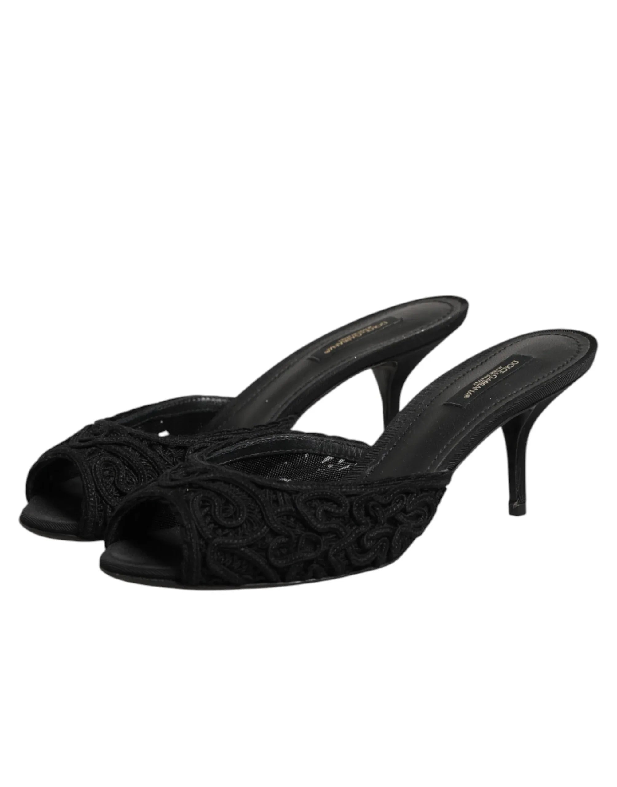 Dolce & Gabbana Black Embroidered Slip On Heels Slides Shoes - Zeiniez