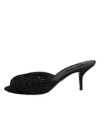 Dolce & Gabbana Black Embroidered Slip On Heels Slides Shoes - Zeiniez