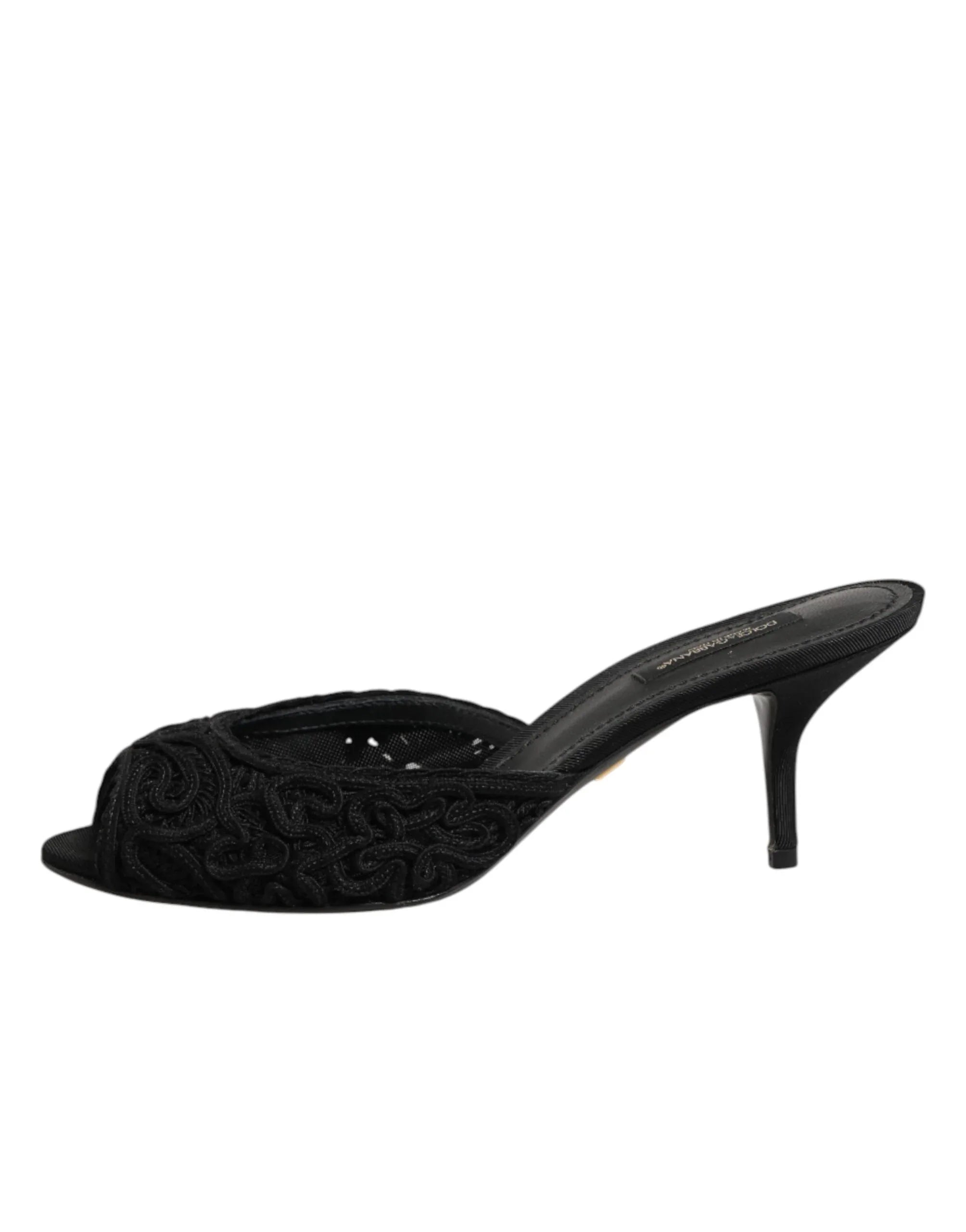 Dolce & Gabbana Black Embroidered Slip On Heels Slides Shoes - Zeiniez