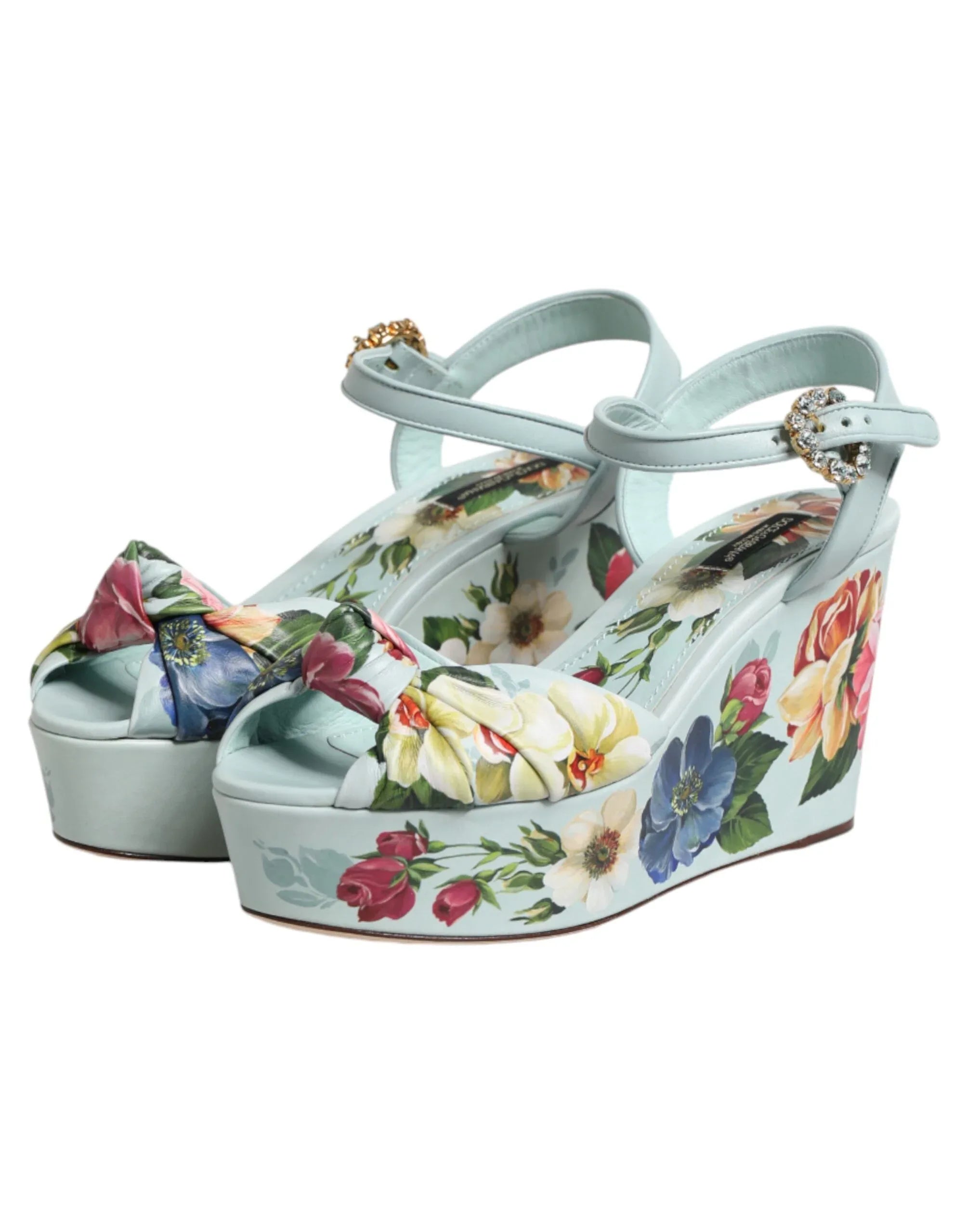 Dolce & Gabbana Green Floral Ankle Strap Wedge Sandals Shoes - Zeiniez