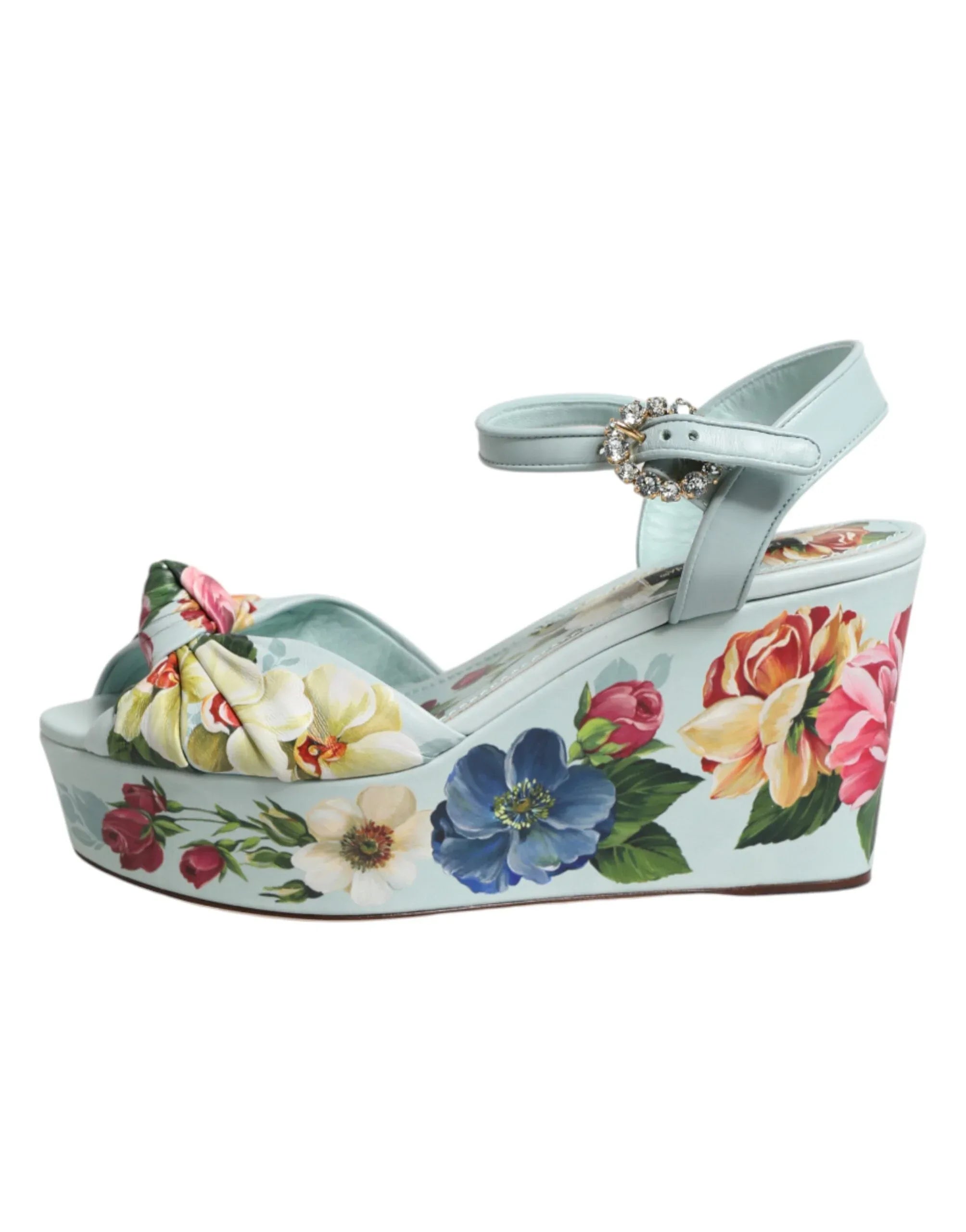 Dolce & Gabbana Green Floral Ankle Strap Wedge Sandals Shoes - Zeiniez